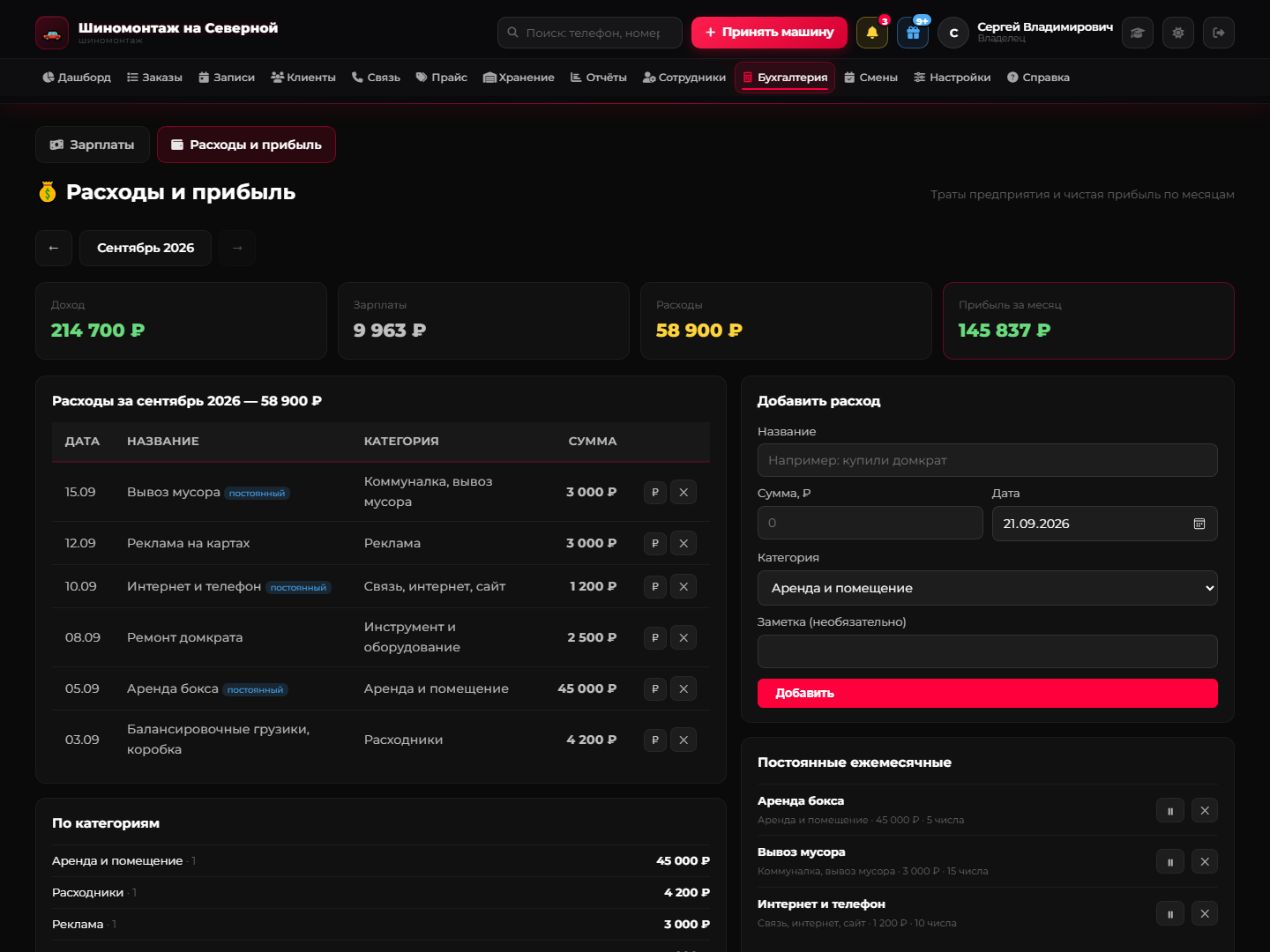 Расходы и прибыль — экран CRM для шиномонтажа